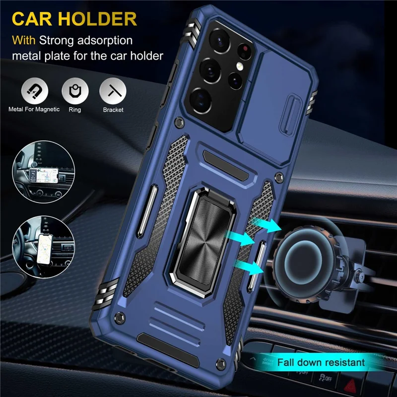 For Samsung Galaxy S21 Ultra 5G Anti-Fall Phone Case Slide Camera Cover PC + TPU Ring Kickstand Cell Phone Shell - Navy Blue