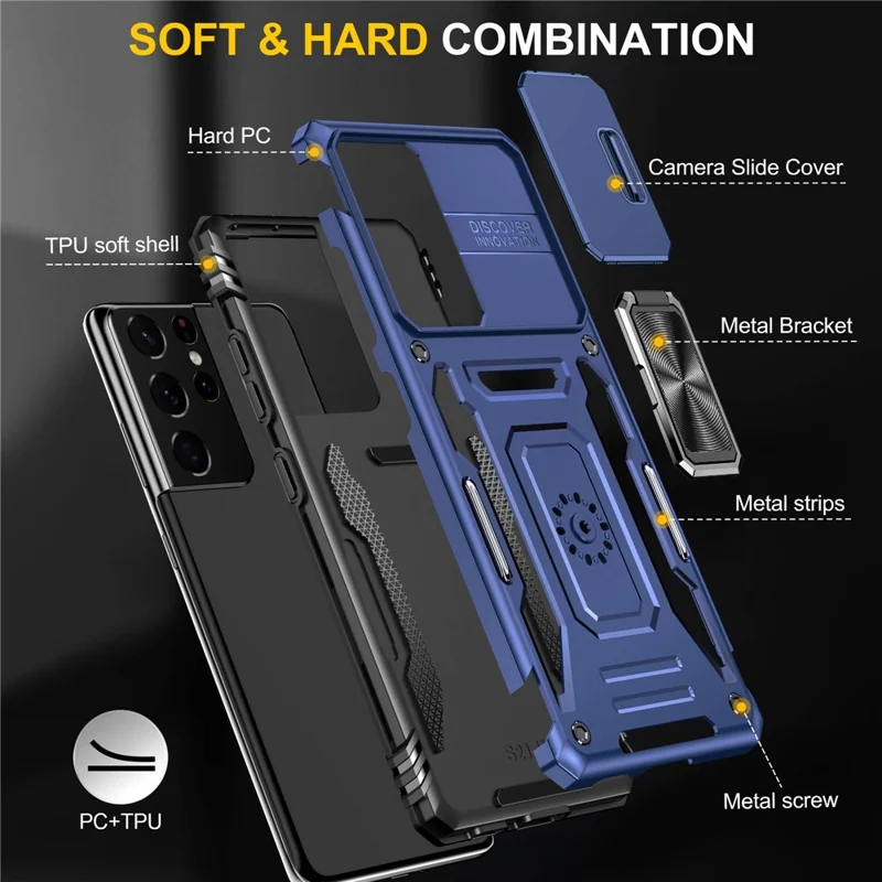 For Samsung Galaxy S21 Ultra 5G Anti-Fall Phone Case Slide Camera Cover PC + TPU Ring Kickstand Cell Phone Shell - Navy Blue