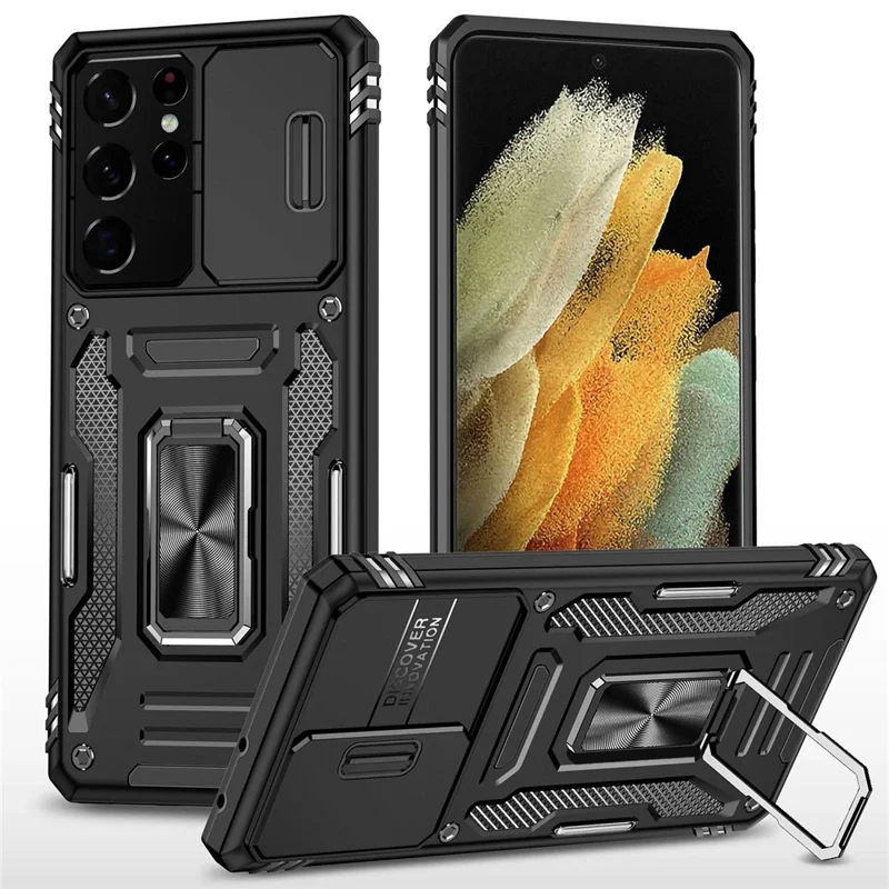 For Samsung Galaxy S21 Ultra 5G Anti-Fall Phone Case Slide Camera Cover PC + TPU Ring Kickstand Cell Phone Shell - Black