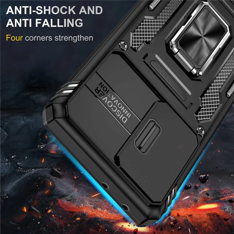 For Samsung Galaxy S21 Ultra 5G Anti-Fall Phone Case Slide Camera Cover PC + TPU Ring Kickstand Cell Phone Shell - Black