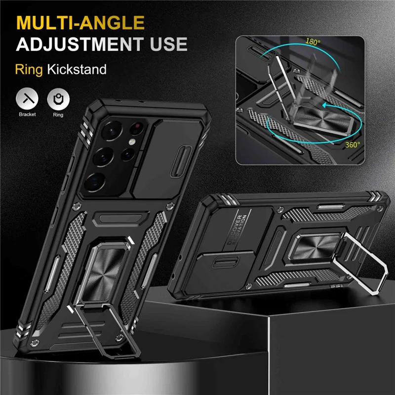 For Samsung Galaxy S21 Ultra 5G Anti-Fall Phone Case Slide Camera Cover PC + TPU Ring Kickstand Cell Phone Shell - Black