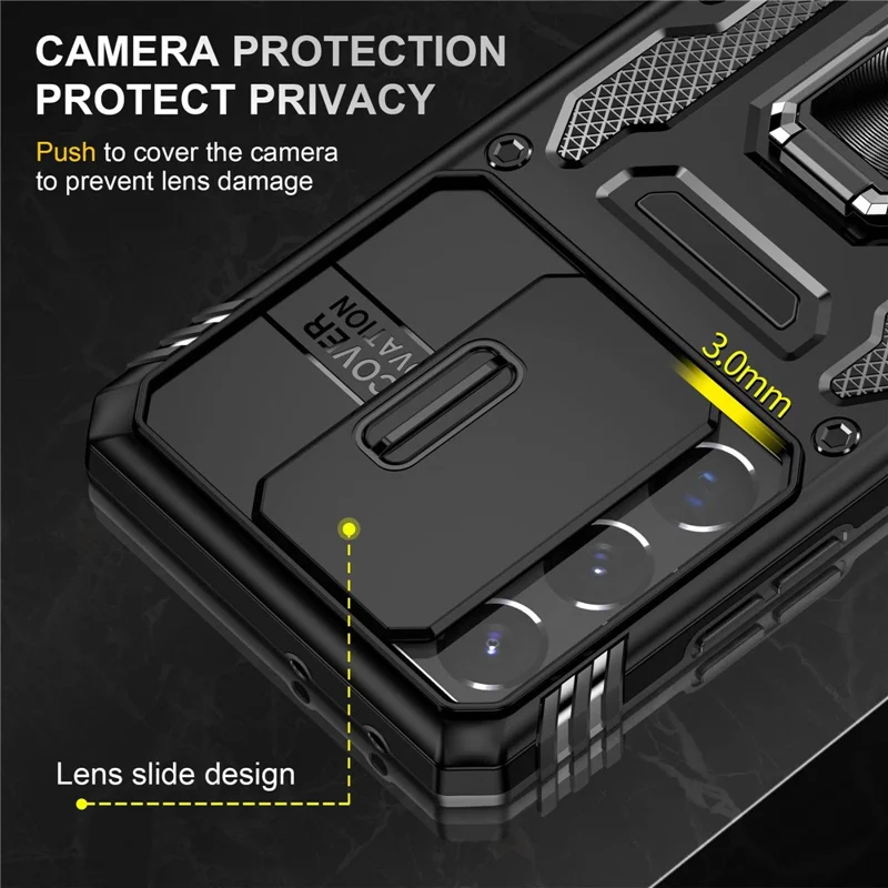 For Samsung Galaxy S21 Ultra 5G Anti-Fall Phone Case Slide Camera Cover PC + TPU Ring Kickstand Cell Phone Shell - Black