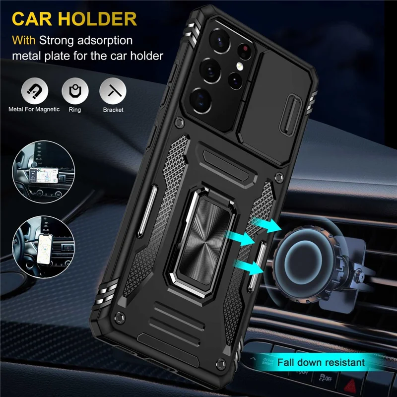 For Samsung Galaxy S21 Ultra 5G Anti-Fall Phone Case Slide Camera Cover PC + TPU Ring Kickstand Cell Phone Shell - Black