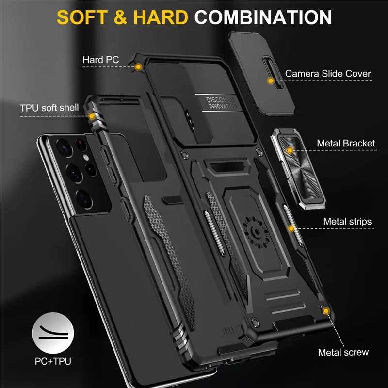 For Samsung Galaxy S21 Ultra 5G Anti-Fall Phone Case Slide Camera Cover PC + TPU Ring Kickstand Cell Phone Shell - Black