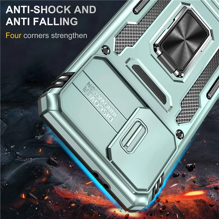 Для Samsung Galaxy S21 + 5G Shock-resect с Slide Lins Cover PC + TPU Кольцо Кольца по Мобильному Телефону Anti-dop Case - Альпийский Зеленый