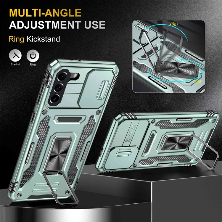 Для Samsung Galaxy S21 + 5G Shock-resect с Slide Lins Cover PC + TPU Кольцо Кольца по Мобильному Телефону Anti-dop Case - Альпийский Зеленый
