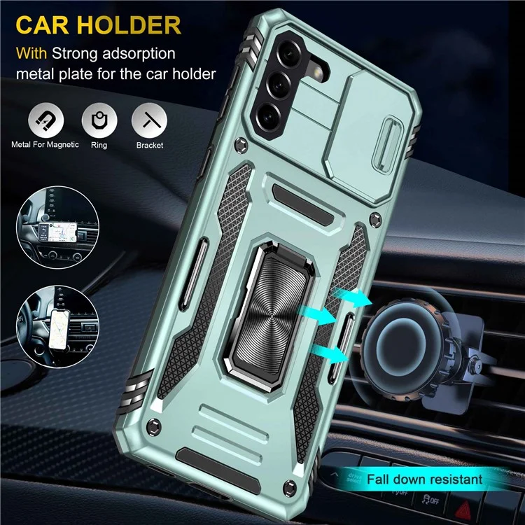Для Samsung Galaxy S21 + 5G Shock-resect с Slide Lins Cover PC + TPU Кольцо Кольца по Мобильному Телефону Anti-dop Case - Альпийский Зеленый