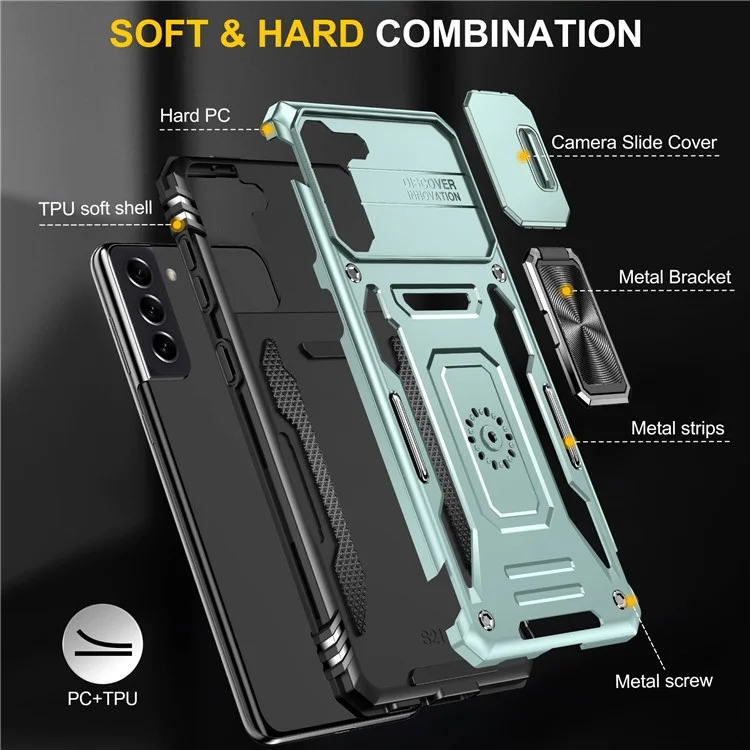 Для Samsung Galaxy S21 + 5G Shock-resect с Slide Lins Cover PC + TPU Кольцо Кольца по Мобильному Телефону Anti-dop Case - Альпийский Зеленый
