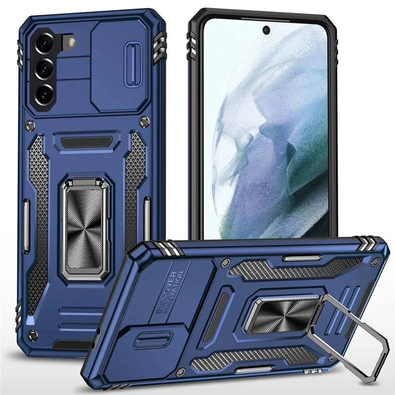 For Samsung Galaxy S21+ 5G Shockproof Case with Slide Lens Cover PC + TPU Ring Kickstand Cell Phone Anti-Drop Case - Navy Blue