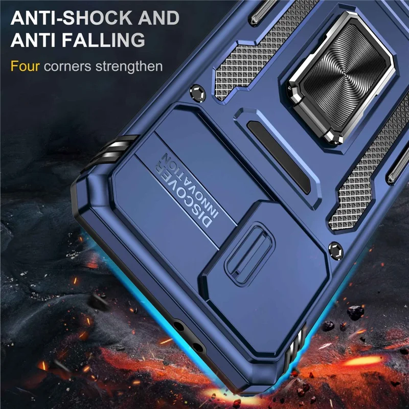 For Samsung Galaxy S21+ 5G Shockproof Case with Slide Lens Cover PC + TPU Ring Kickstand Cell Phone Anti-Drop Case - Navy Blue