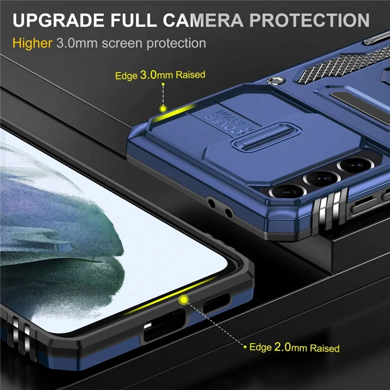 For Samsung Galaxy S21+ 5G Shockproof Case with Slide Lens Cover PC + TPU Ring Kickstand Cell Phone Anti-Drop Case - Navy Blue