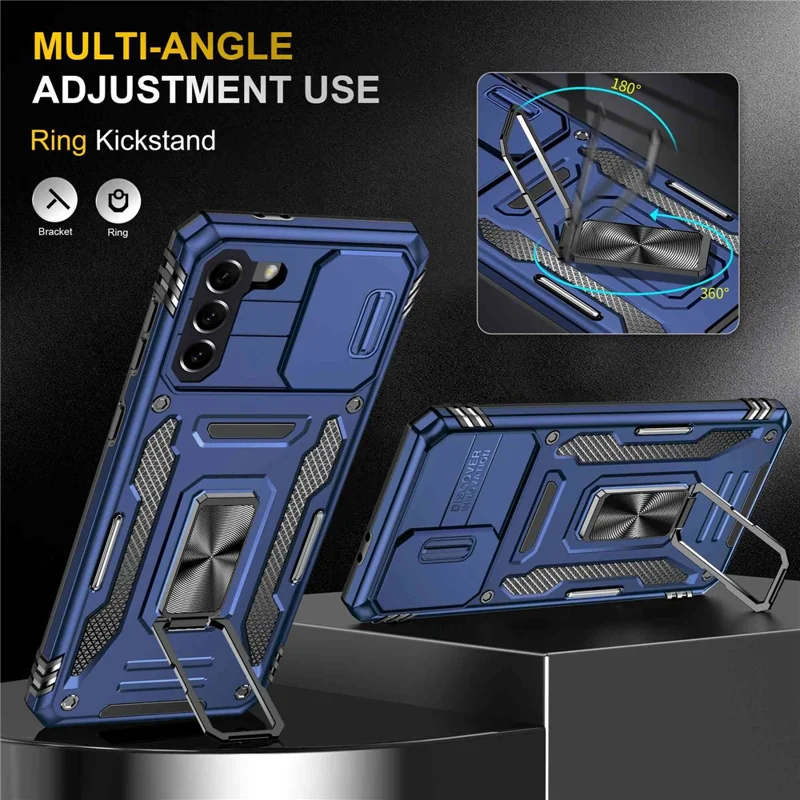 For Samsung Galaxy S21+ 5G Shockproof Case with Slide Lens Cover PC + TPU Ring Kickstand Cell Phone Anti-Drop Case - Navy Blue
