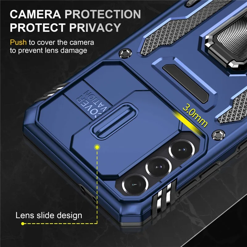 For Samsung Galaxy S21+ 5G Shockproof Case with Slide Lens Cover PC + TPU Ring Kickstand Cell Phone Anti-Drop Case - Navy Blue