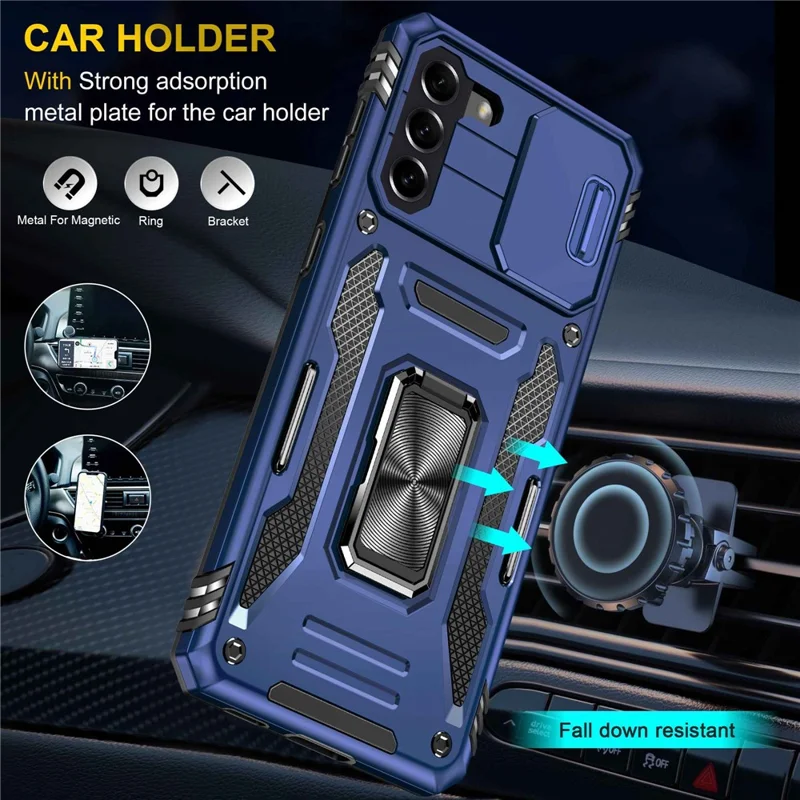 For Samsung Galaxy S21+ 5G Shockproof Case with Slide Lens Cover PC + TPU Ring Kickstand Cell Phone Anti-Drop Case - Navy Blue