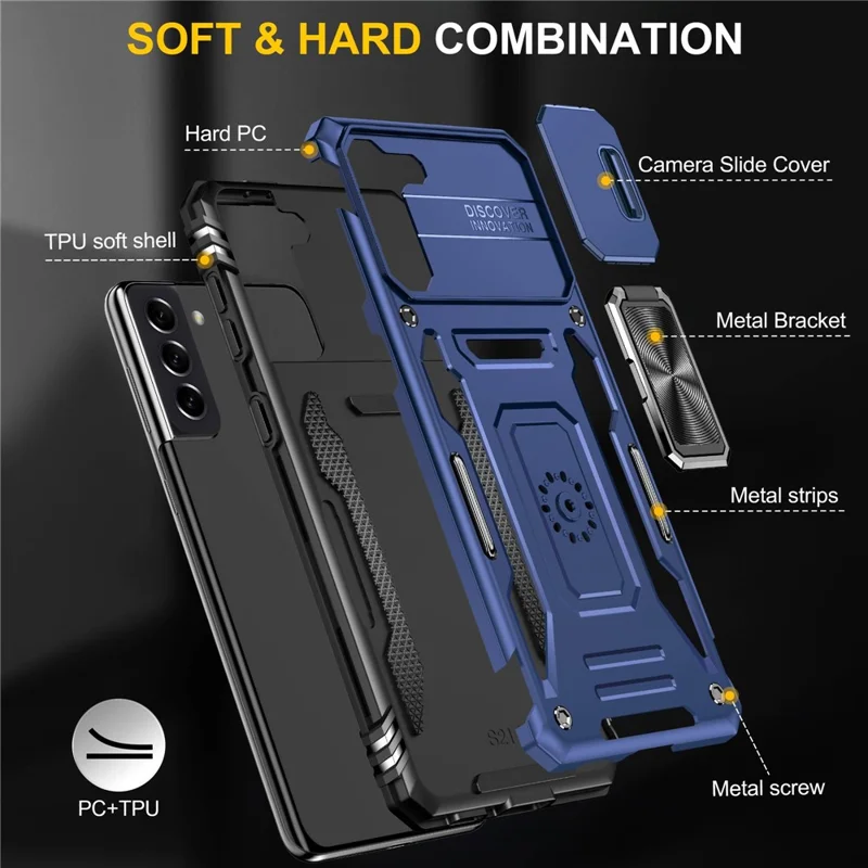 For Samsung Galaxy S21+ 5G Shockproof Case with Slide Lens Cover PC + TPU Ring Kickstand Cell Phone Anti-Drop Case - Navy Blue