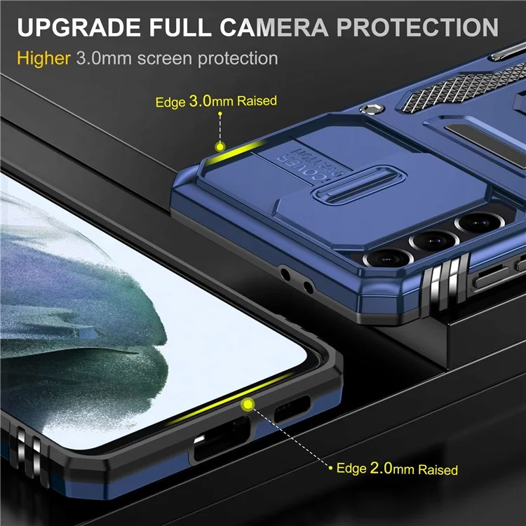 Für Samsung Galaxy S21 4G / S21 5G Anti-Drop Handyhülle PC + TPU Ring Kickstand Handyhülle mit Schiebeverschluss für die Kamera - Navy Blue
