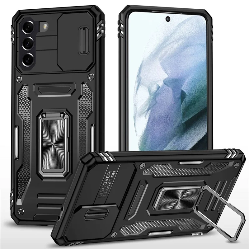 For Samsung Galaxy S21 4G / S21 5G Anti-Drop Phone Case PC + TPU Ring Kickstand Cell Phone Shell with Slide Camera Cover - Black