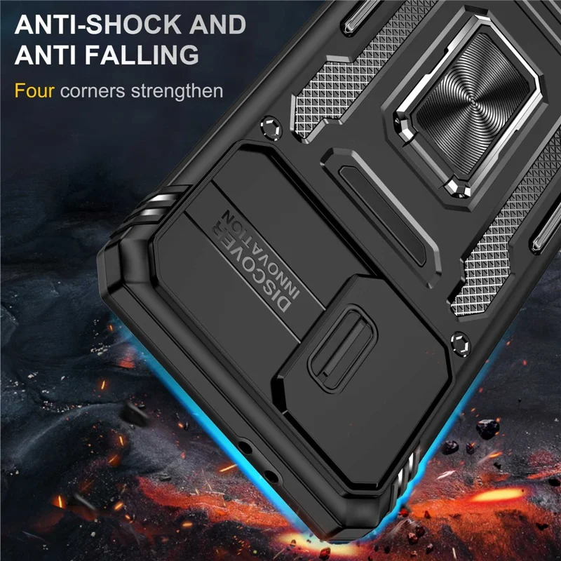 For Samsung Galaxy S21 4G / S21 5G Anti-Drop Phone Case PC + TPU Ring Kickstand Cell Phone Shell with Slide Camera Cover - Black