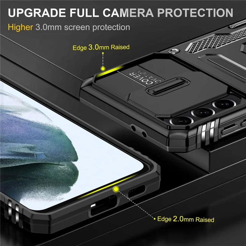For Samsung Galaxy S21 4G / S21 5G Anti-Drop Phone Case PC + TPU Ring Kickstand Cell Phone Shell with Slide Camera Cover - Black
