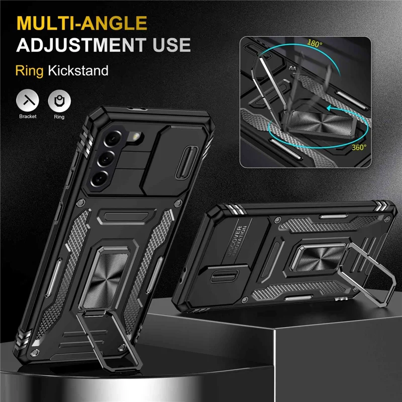 For Samsung Galaxy S21 4G / S21 5G Anti-Drop Phone Case PC + TPU Ring Kickstand Cell Phone Shell with Slide Camera Cover - Black