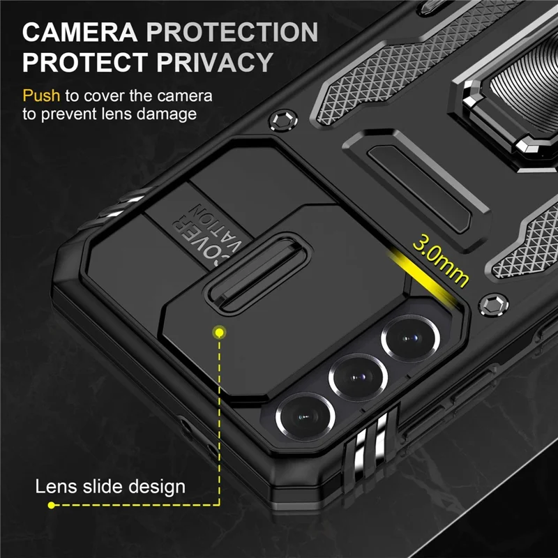 For Samsung Galaxy S21 4G / S21 5G Anti-Drop Phone Case PC + TPU Ring Kickstand Cell Phone Shell with Slide Camera Cover - Black