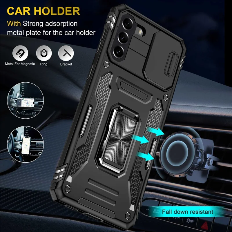 For Samsung Galaxy S21 4G / S21 5G Anti-Drop Phone Case PC + TPU Ring Kickstand Cell Phone Shell with Slide Camera Cover - Black