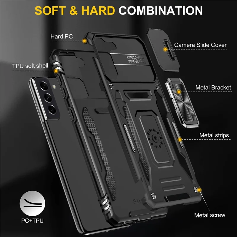 For Samsung Galaxy S21 4G / S21 5G Anti-Drop Phone Case PC + TPU Ring Kickstand Cell Phone Shell with Slide Camera Cover - Black
