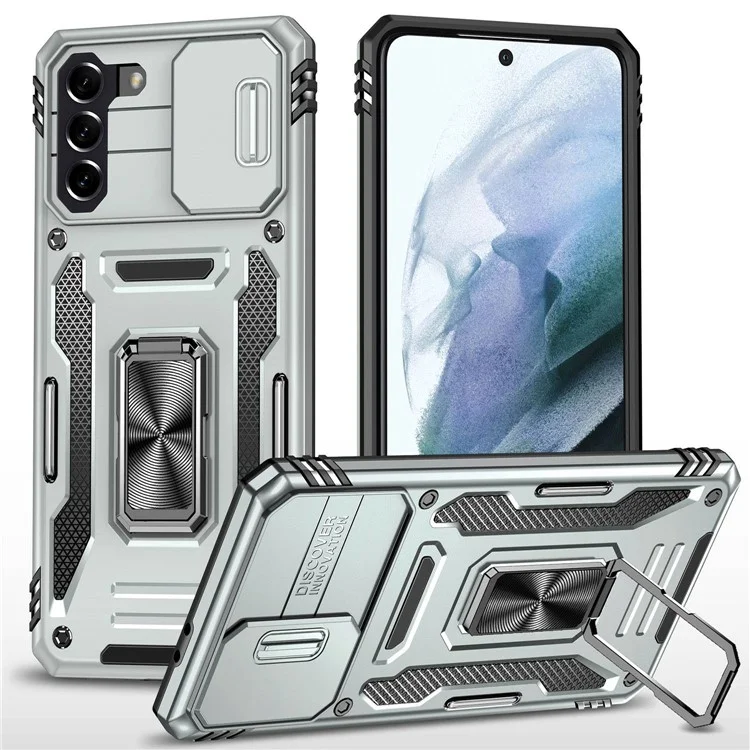 Per Samsung Galaxy S21 4G / S21 5G Antiurto Custodia per telefono PC + TPU Anello Supporto Cellulare Guscio con copertura scorrevole della fotocamera - Grigio
