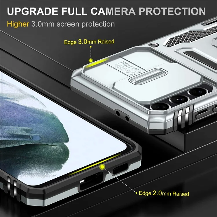 Per Samsung Galaxy S21 4G / S21 5G Antiurto Custodia per telefono PC + TPU Anello Supporto Cellulare Guscio con copertura scorrevole della fotocamera - Grigio
