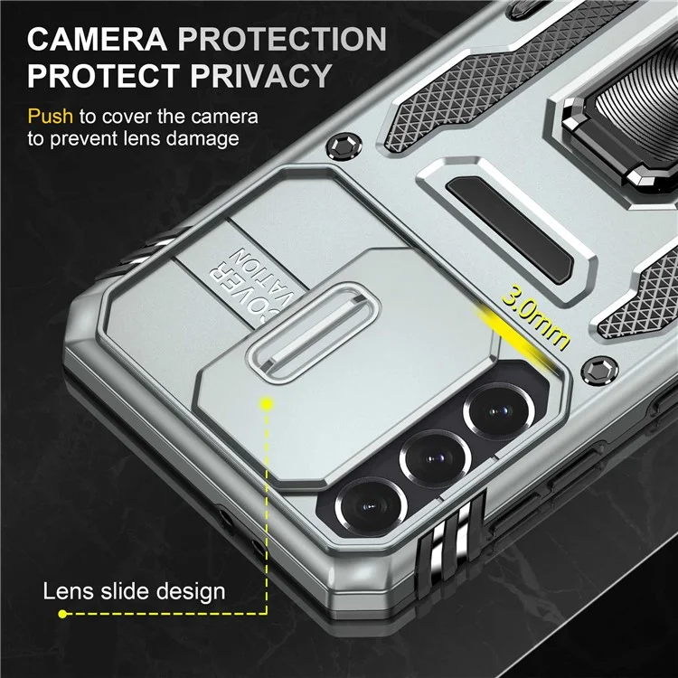 Per Samsung Galaxy S21 4G / S21 5G Antiurto Custodia per telefono PC + TPU Anello Supporto Cellulare Guscio con copertura scorrevole della fotocamera - Grigio