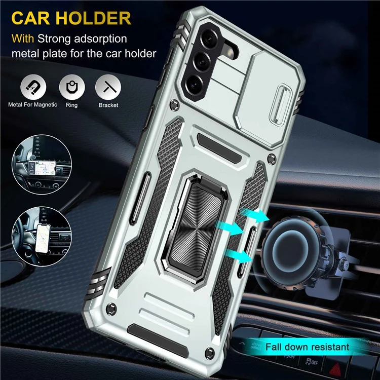 Per Samsung Galaxy S21 4G / S21 5G Antiurto Custodia per telefono PC + TPU Anello Supporto Cellulare Guscio con copertura scorrevole della fotocamera - Grigio