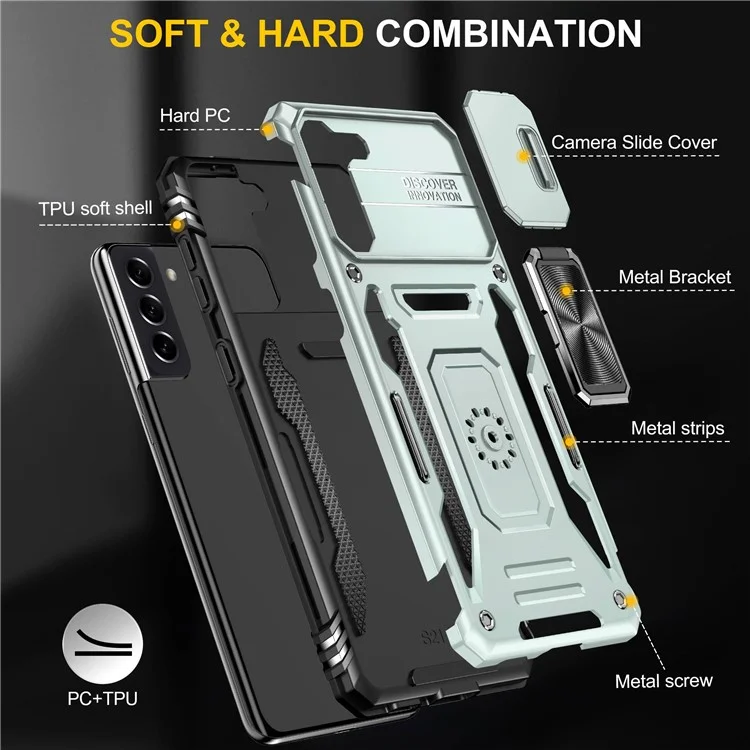 Per Samsung Galaxy S21 4G / S21 5G Antiurto Custodia per telefono PC + TPU Anello Supporto Cellulare Guscio con copertura scorrevole della fotocamera - Grigio