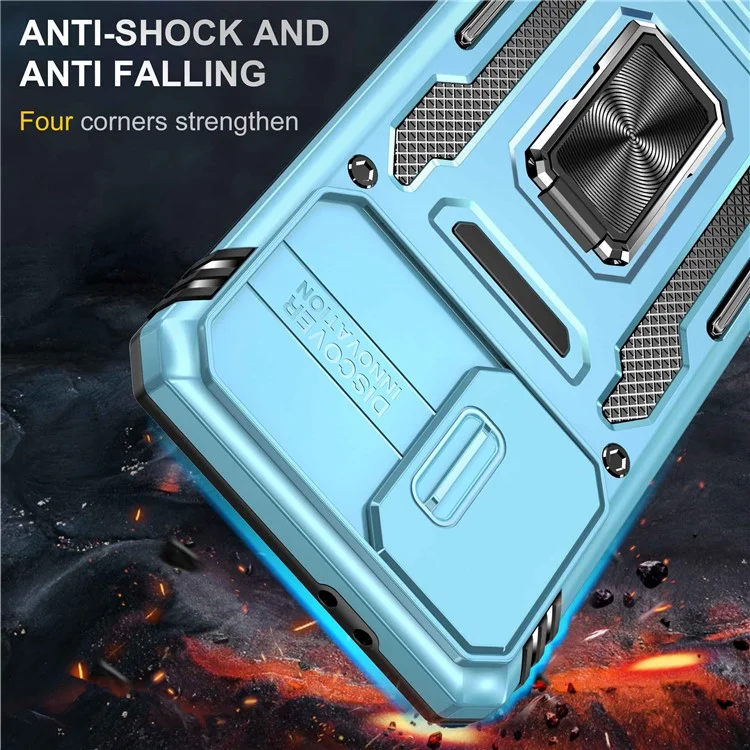 Pour Samsung Galaxy S21 4G / S21 5G Anti-Drop Phone Case PC + Étui de téléphone cellulaire TPU Ring Kickstand avec couvercle coulissant de l'appareil photo - Bleu clair