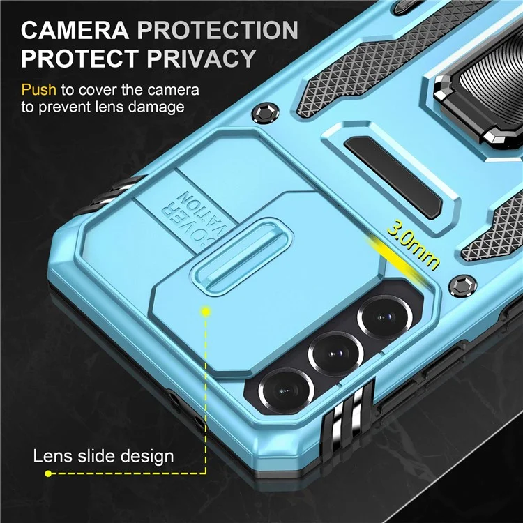 Pour Samsung Galaxy S21 4G / S21 5G Anti-Drop Phone Case PC + Étui de téléphone cellulaire TPU Ring Kickstand avec couvercle coulissant de l'appareil photo - Bleu clair