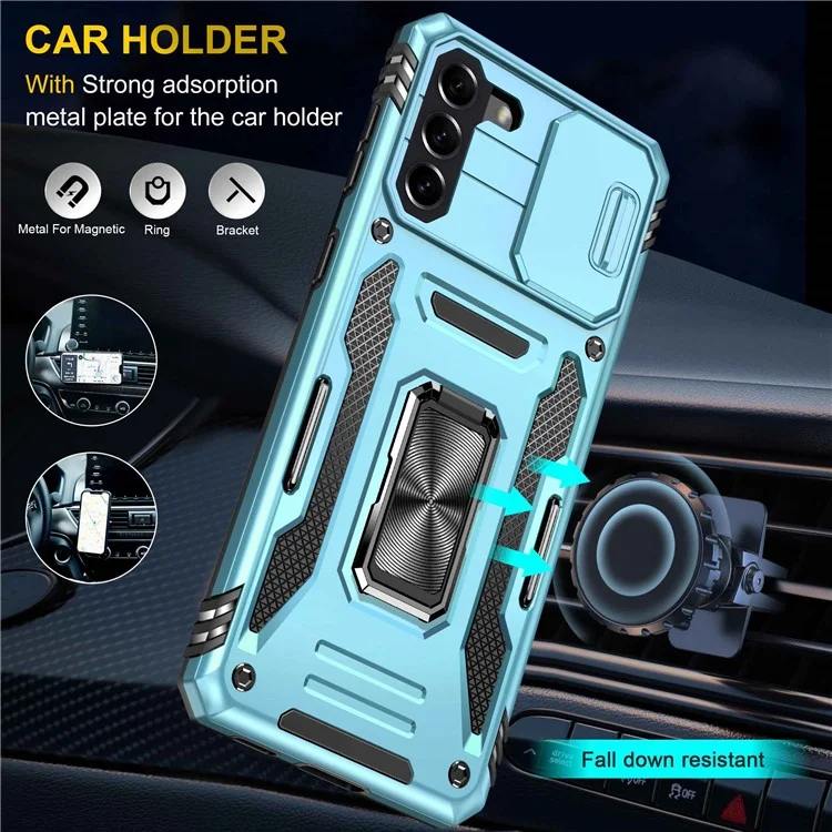 Pour Samsung Galaxy S21 4G / S21 5G Anti-Drop Phone Case PC + Étui de téléphone cellulaire TPU Ring Kickstand avec couvercle coulissant de l'appareil photo - Bleu clair