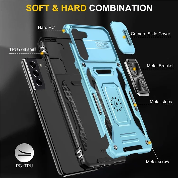 Pour Samsung Galaxy S21 4G / S21 5G Anti-Drop Phone Case PC + Étui de téléphone cellulaire TPU Ring Kickstand avec couvercle coulissant de l'appareil photo - Bleu clair