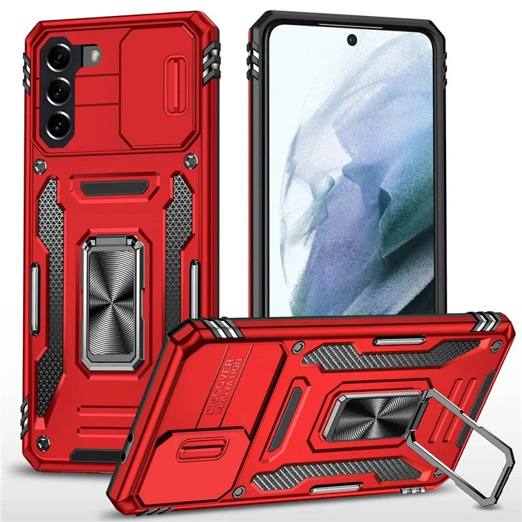 For Samsung Galaxy S21 4G / S21 5G Anti-Drop Phone Case PC + TPU Ring Kickstand Cell Phone Shell with Slide Camera Cover - Red