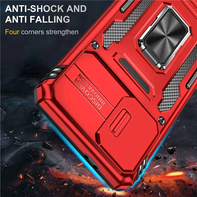 For Samsung Galaxy S21 4G / S21 5G Anti-Drop Phone Case PC + TPU Ring Kickstand Cell Phone Shell with Slide Camera Cover - Red