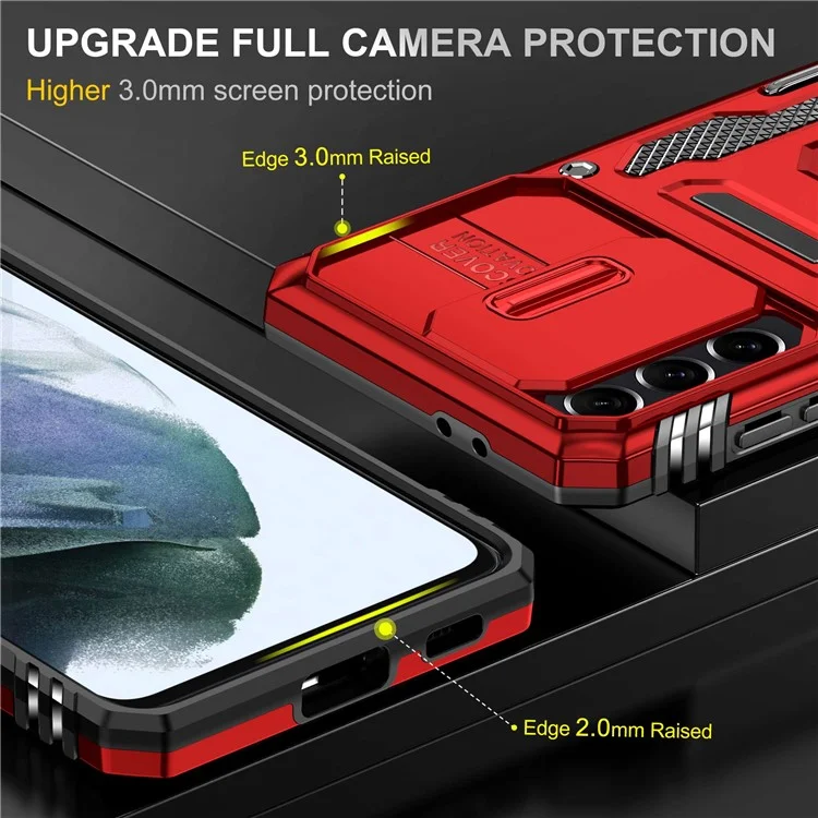 For Samsung Galaxy S21 4G / S21 5G Anti-Drop Phone Case PC + TPU Ring Kickstand Cell Phone Shell with Slide Camera Cover - Red