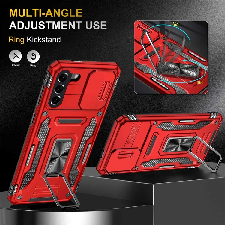 For Samsung Galaxy S21 4G / S21 5G Anti-Drop Phone Case PC + TPU Ring Kickstand Cell Phone Shell with Slide Camera Cover - Red