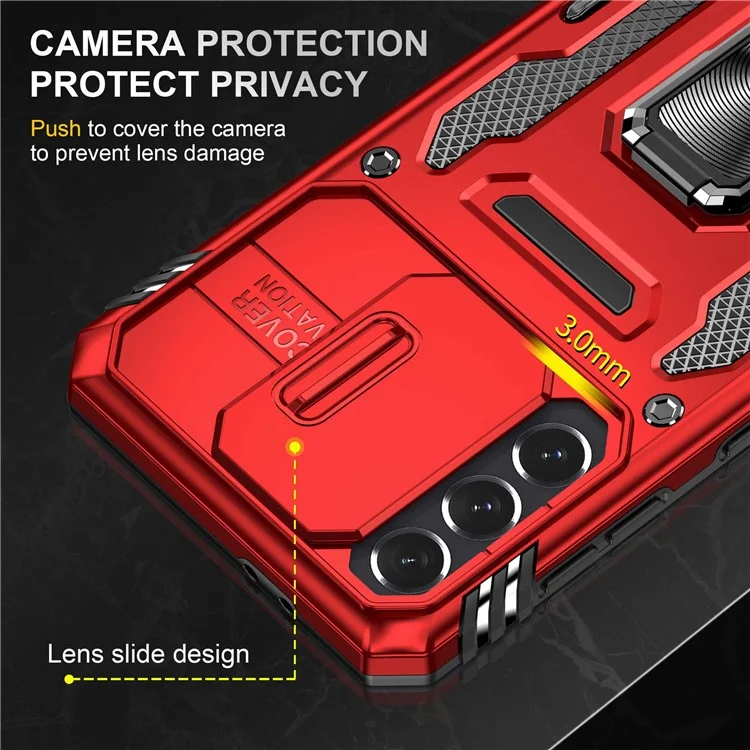 For Samsung Galaxy S21 4G / S21 5G Anti-Drop Phone Case PC + TPU Ring Kickstand Cell Phone Shell with Slide Camera Cover - Red