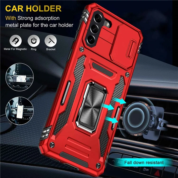 For Samsung Galaxy S21 4G / S21 5G Anti-Drop Phone Case PC + TPU Ring Kickstand Cell Phone Shell with Slide Camera Cover - Red