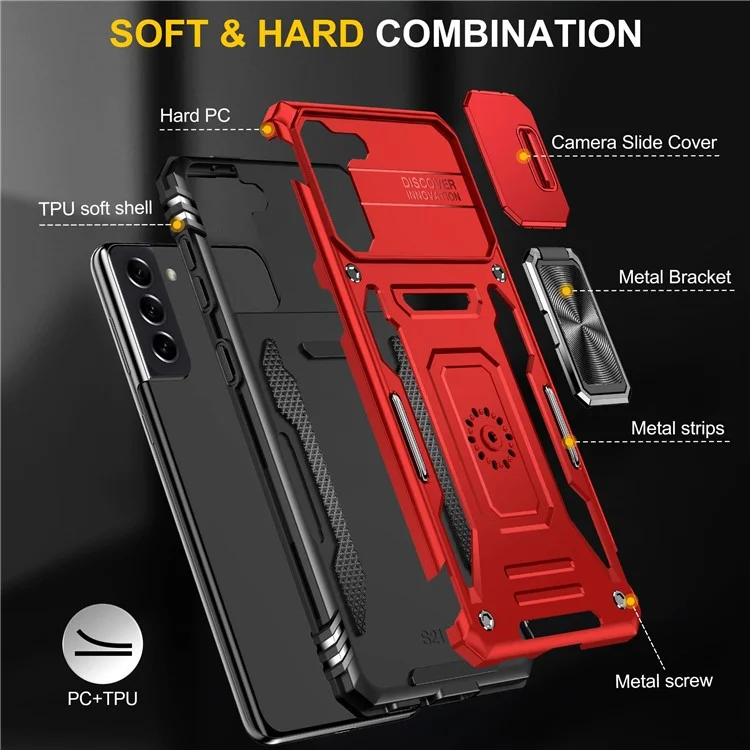 For Samsung Galaxy S21 4G / S21 5G Anti-Drop Phone Case PC + TPU Ring Kickstand Cell Phone Shell with Slide Camera Cover - Red