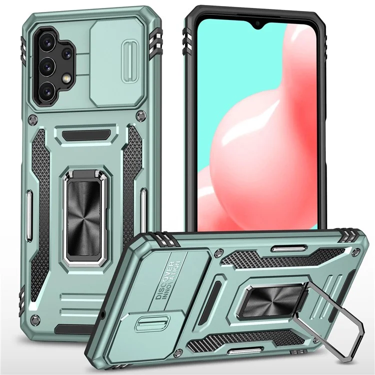 For Samsung Galaxy A32 5G / Galaxy M32 5G Protective Case with Slide Lens Cover PC + TPU Ring Kickstand Cell Phone Anti-Drop Case - Alpine Green