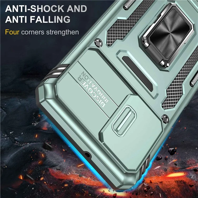 For Samsung Galaxy A32 5G / Galaxy M32 5G Protective Case with Slide Lens Cover PC + TPU Ring Kickstand Cell Phone Anti-Drop Case - Alpine Green