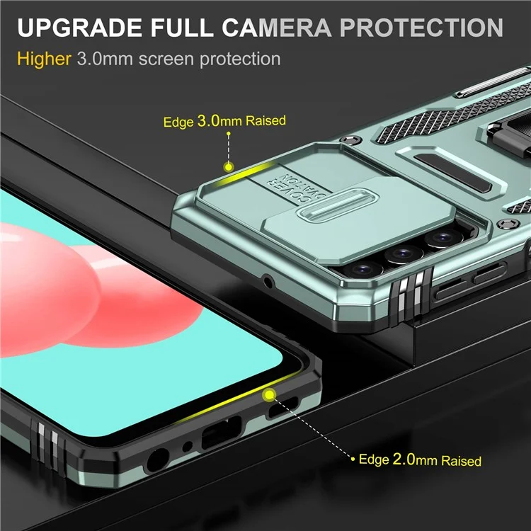 For Samsung Galaxy A32 5G / Galaxy M32 5G Protective Case with Slide Lens Cover PC + TPU Ring Kickstand Cell Phone Anti-Drop Case - Alpine Green