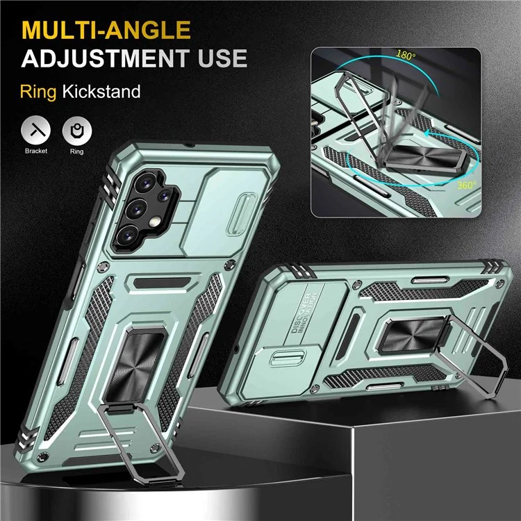 For Samsung Galaxy A32 5G / Galaxy M32 5G Protective Case with Slide Lens Cover PC + TPU Ring Kickstand Cell Phone Anti-Drop Case - Alpine Green