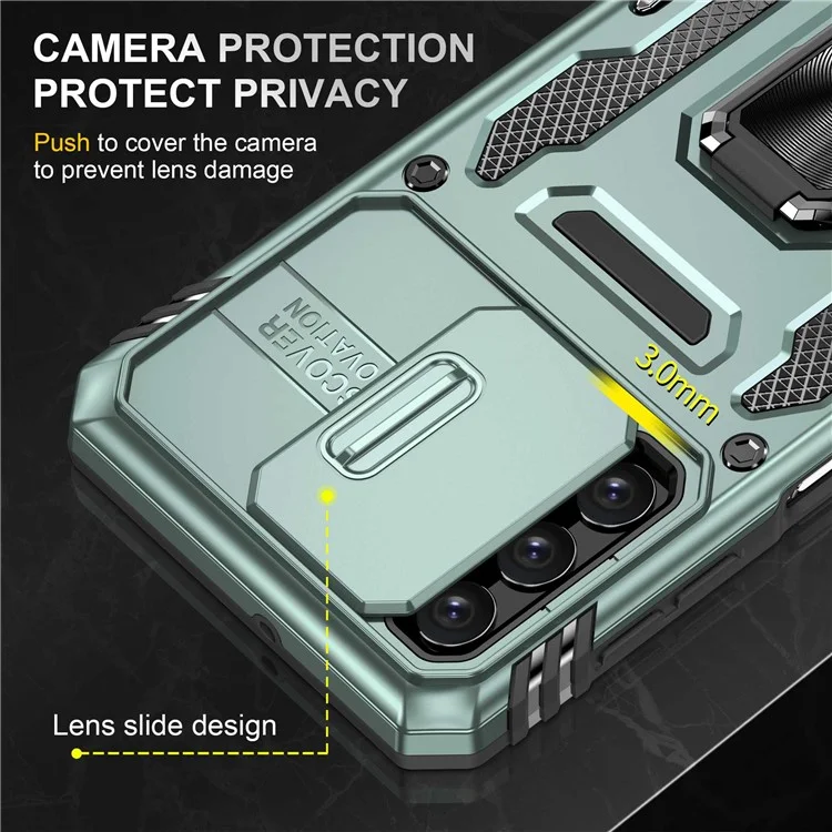For Samsung Galaxy A32 5G / Galaxy M32 5G Protective Case with Slide Lens Cover PC + TPU Ring Kickstand Cell Phone Anti-Drop Case - Alpine Green