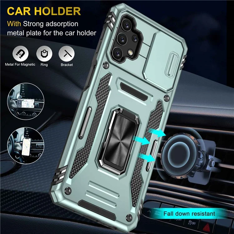 For Samsung Galaxy A32 5G / Galaxy M32 5G Protective Case with Slide Lens Cover PC + TPU Ring Kickstand Cell Phone Anti-Drop Case - Alpine Green