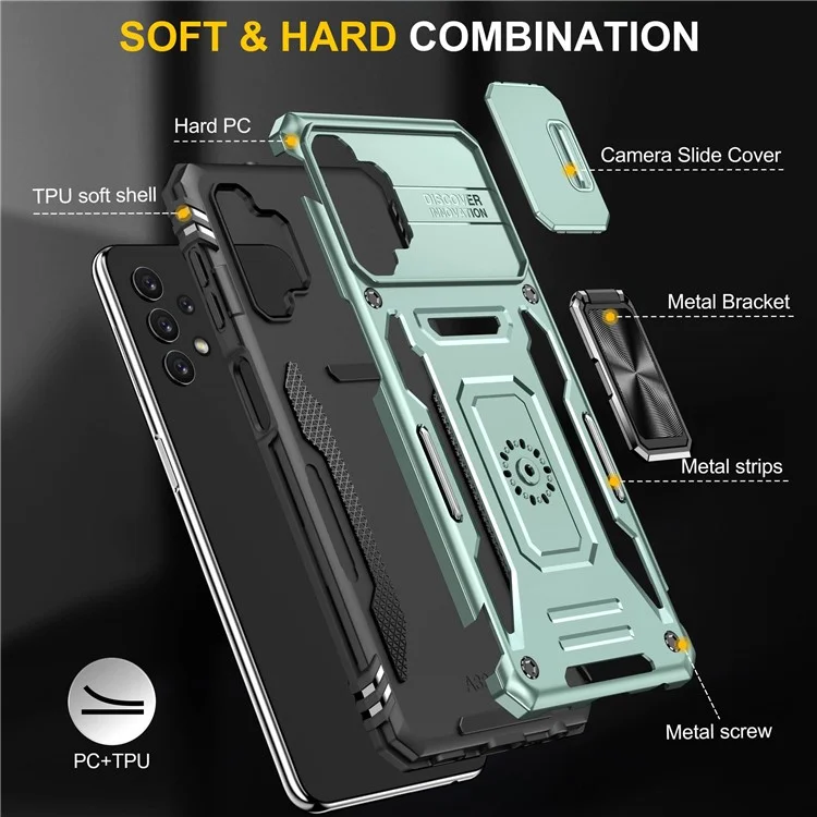 For Samsung Galaxy A32 5G / Galaxy M32 5G Protective Case with Slide Lens Cover PC + TPU Ring Kickstand Cell Phone Anti-Drop Case - Alpine Green
